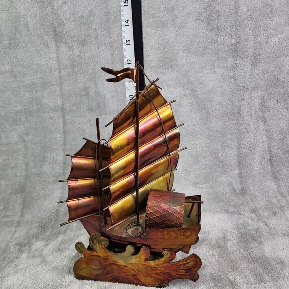 Vintage Copper Art Musical Kinetic Sailing Ship Plays Beyond the Reef Music - Picture 14 of 16